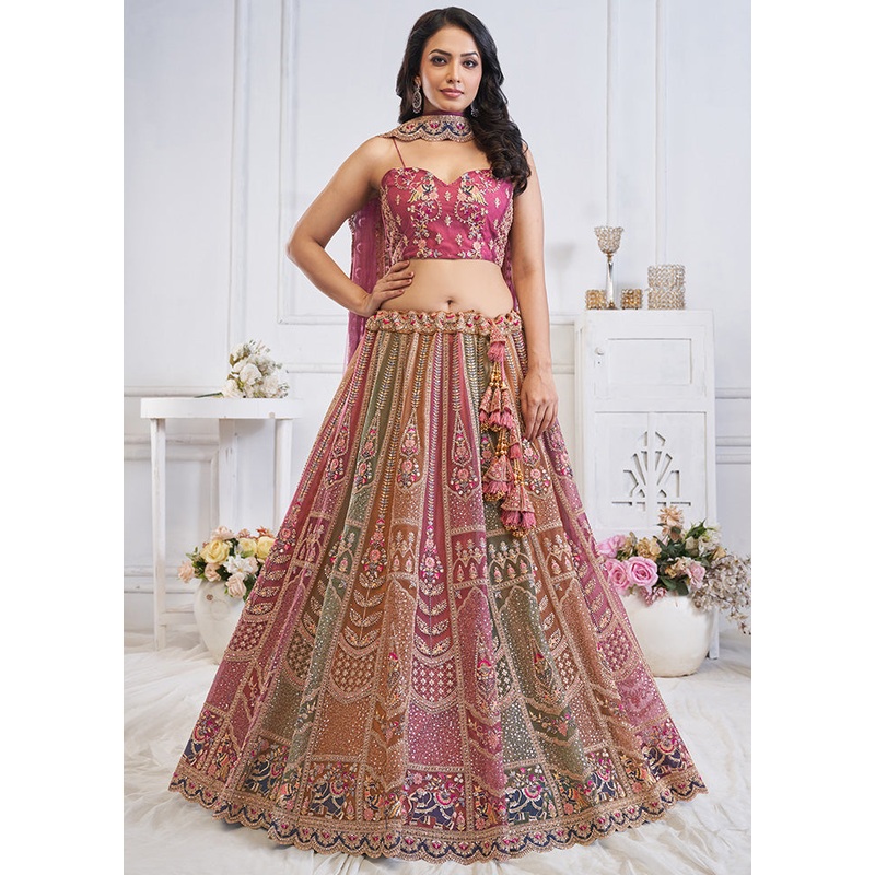3 Pc Purple Net Semi Stitched Lehenga Set - JD986601443