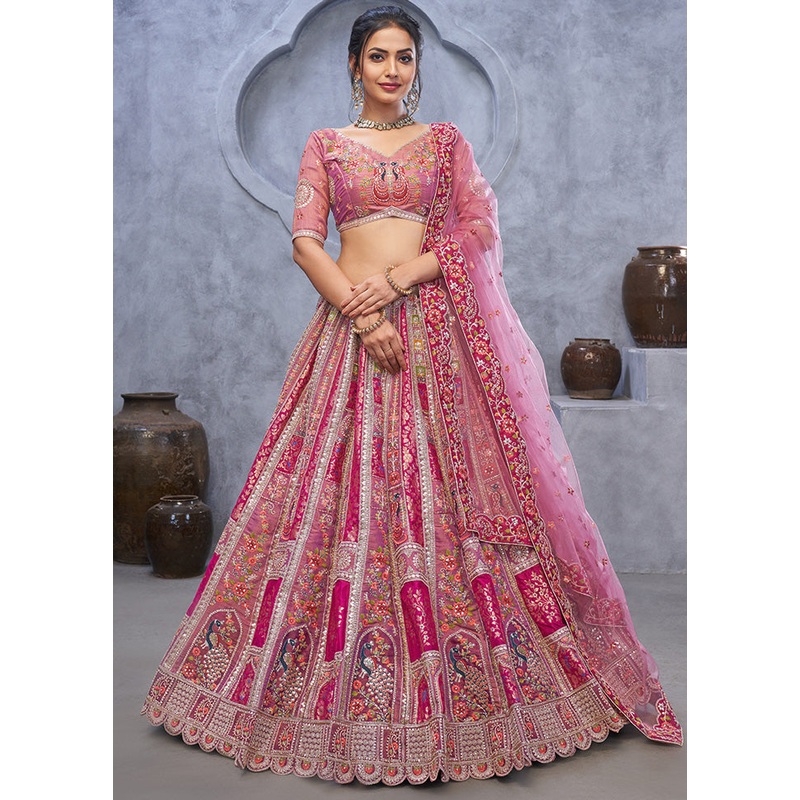 3 Pc Purple Silk Semi Stitched Lehenga Set - JD986601437