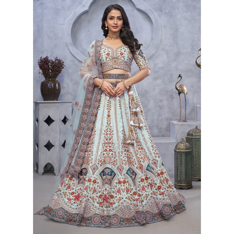 3 Pc Sky Blue Silk Semi Stitched Lehenga Set - JD986601436