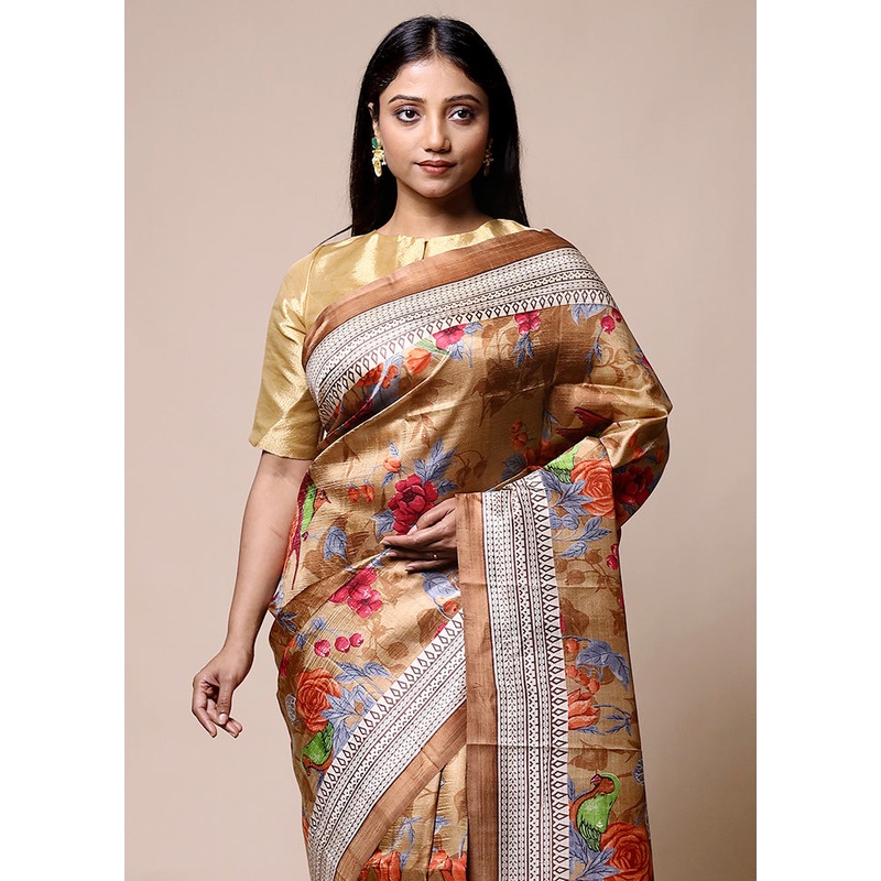 Beige Printed Pure Silk Saree Without Blouse Piece - JD986601431