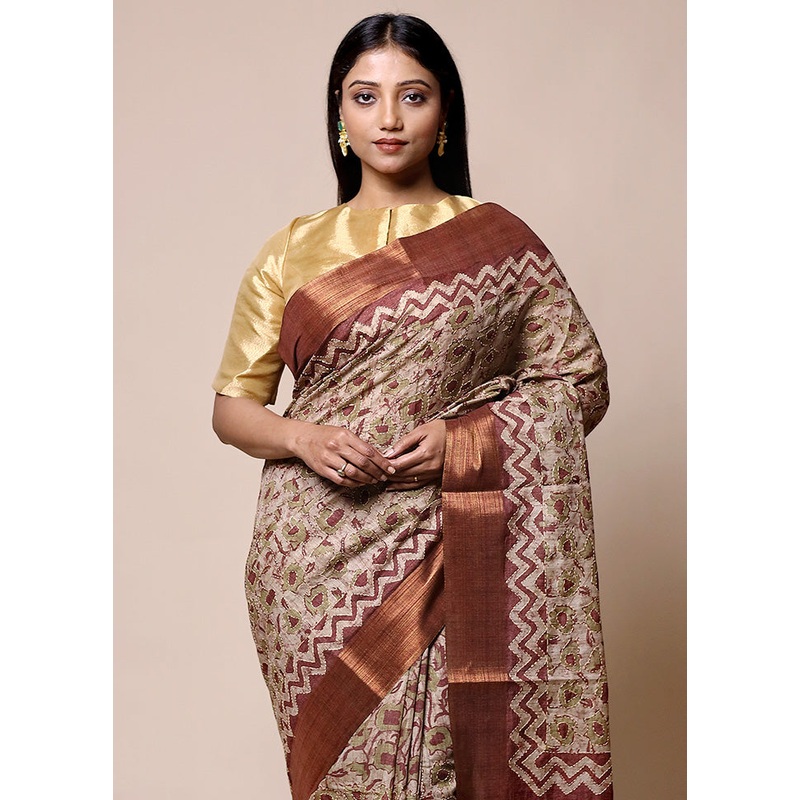 Beige Tussar Silk Saree With Blouse Piece - JD986601430