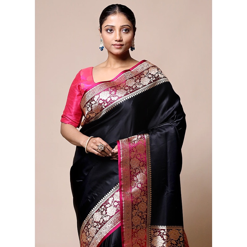 Black Banarasi Silk Saree With Blouse Piece - JD986601429