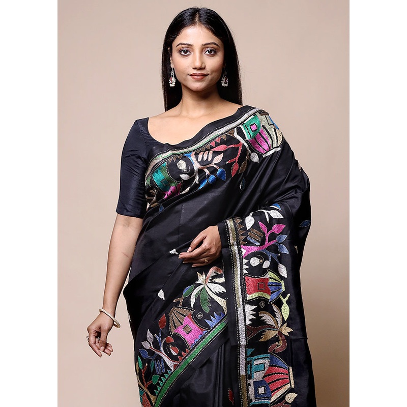 Black Handloom Kantha Stitch Pure Silk Saree With Blouse Piece - JD986601427