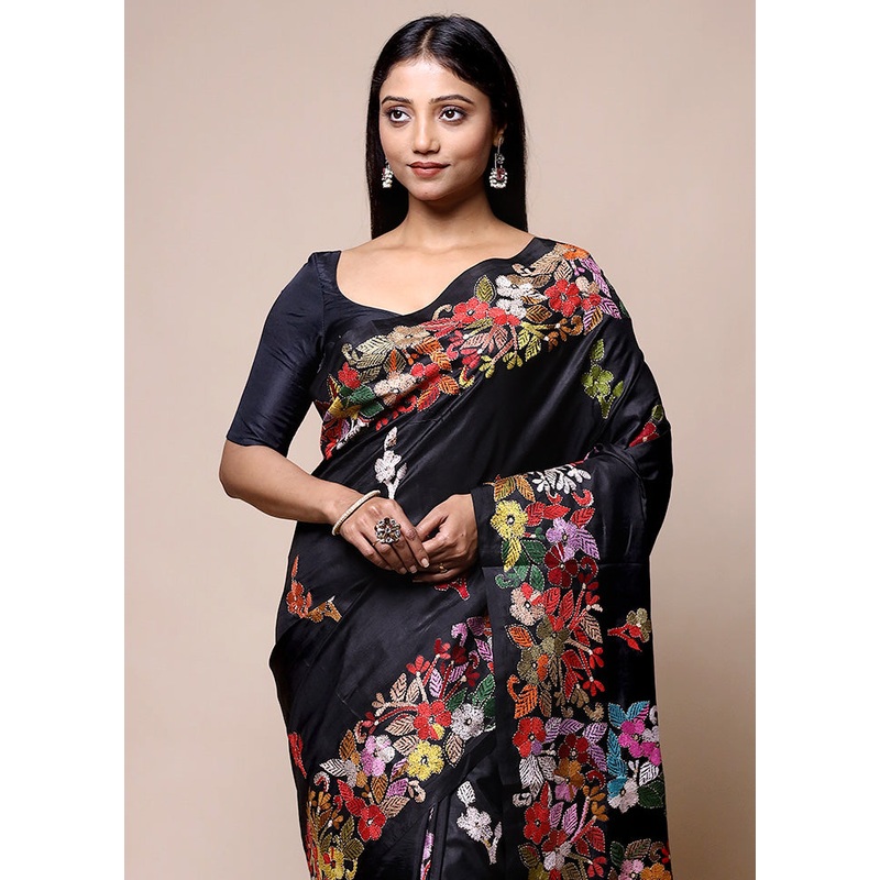 Black Handloom Kantha Stitch Pure Silk Saree With Blouse Piece - JD986601428