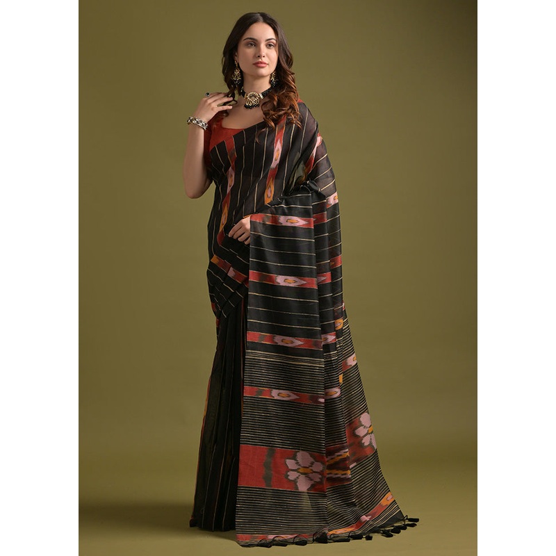 Black Pure Cotton Saree With Blouse Piece - JD986601537