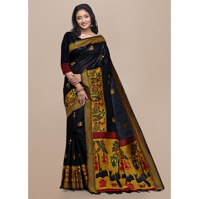 Black Spun Silk Saree With Blouse Piece - JD986601536