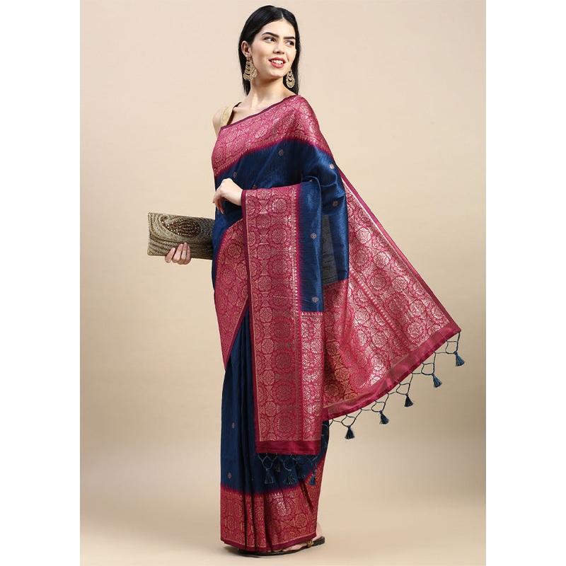 Blue Banarasi Silk Saree With Blouse Piece - JD986601535