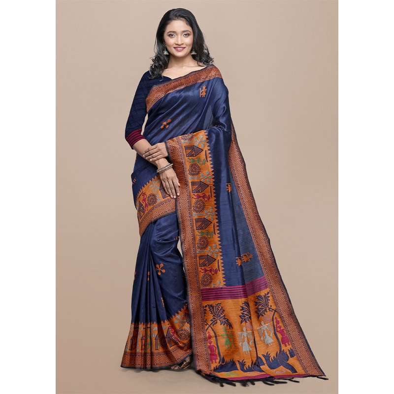 Blue Spun Silk Saree With Blouse Piece - JD986601533