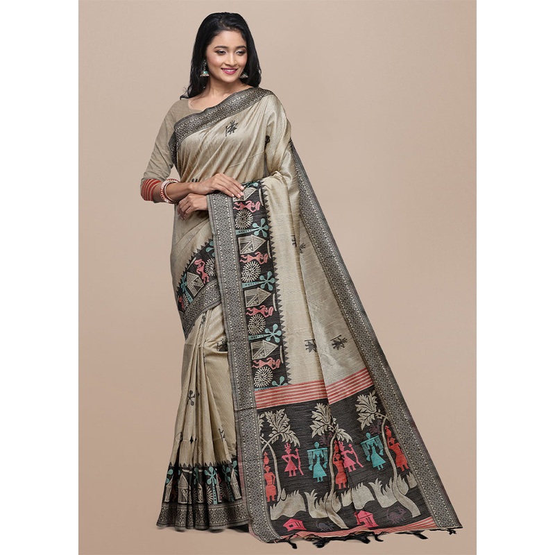 Chiku Spun Silk Saree With Blouse Piece - JD986601529