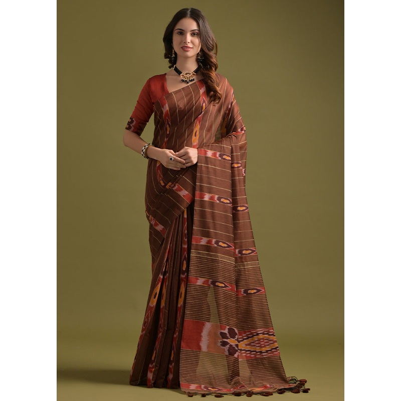 Coffee Pure Cotton Saree With Blouse Piece - JD986601528