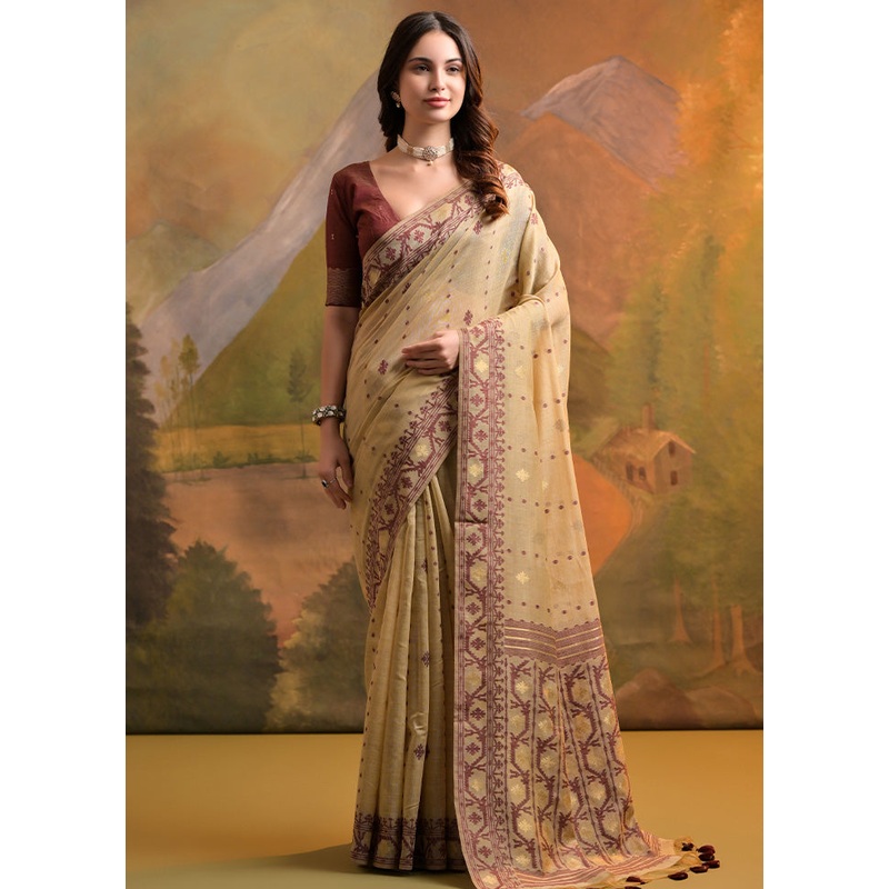 Cream Pure Cotton Saree With Blouse Piece - JD986601526
