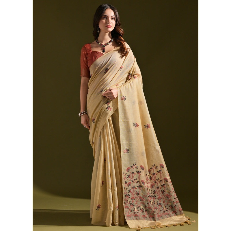 Cream Pure Cotton Saree With Blouse Piece - JD986601527
