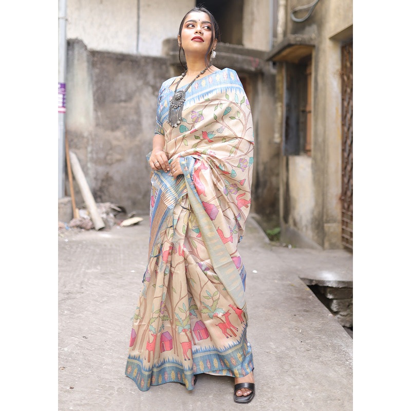 Cream Tussar Silk Saree With Blouse Piece - JD986601532