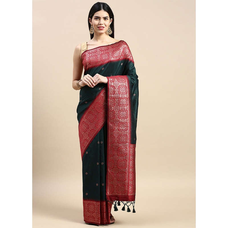 Green Banarasi Silk Saree With Blouse Piece - JD986601520