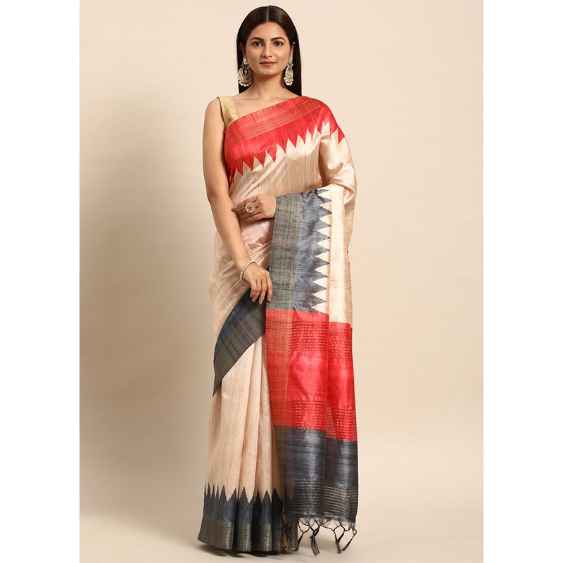 Grey Tussar Silk Saree With Blouse Piece - JD986601517