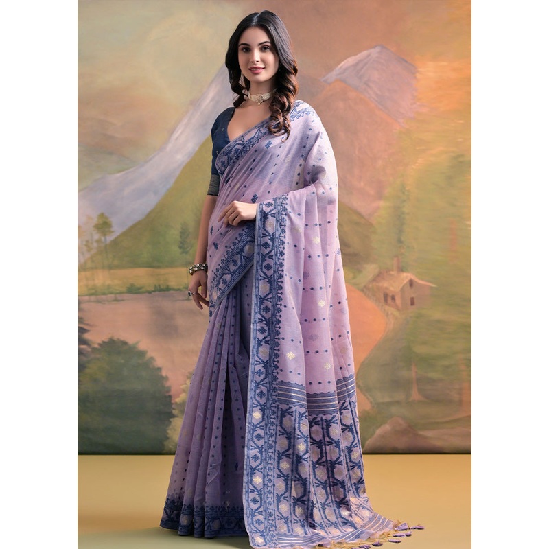 Lavender Pure Cotton Saree With Blouse Piece - JD986601511