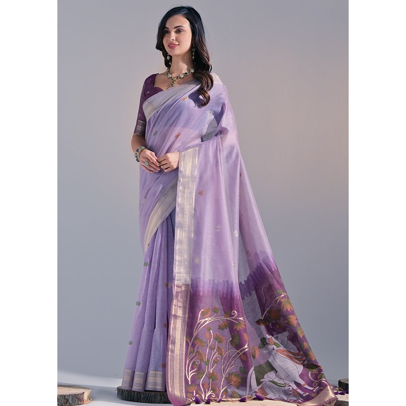 Lavender Pure Cotton Saree With Blouse Piece - JD986601513