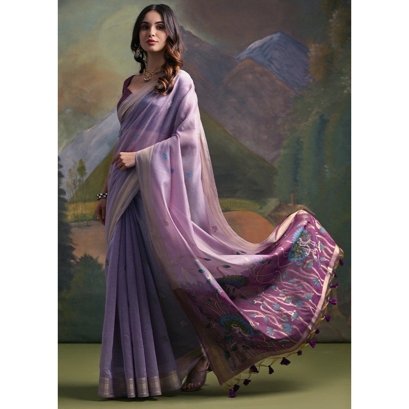 Lavender Pure Cotton Saree With Blouse Piece - JD986601514