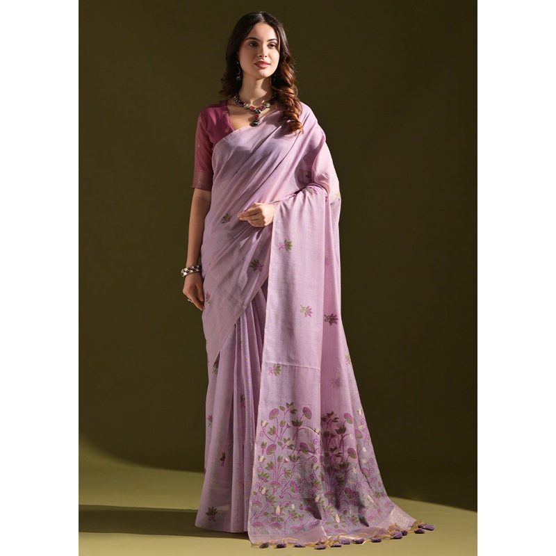 Lavender Pure Cotton Saree With Blouse Piece - JD986601515