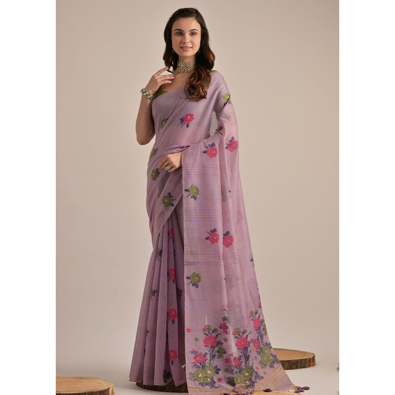 Lavender Pure Cotton Saree With Blouse Piece - JD986601516