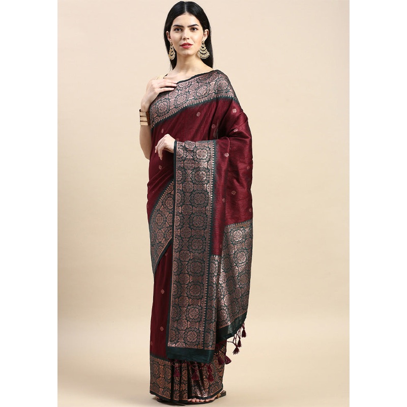 Maroon Banarasi Silk Saree With Blouse Piece - JD986601510