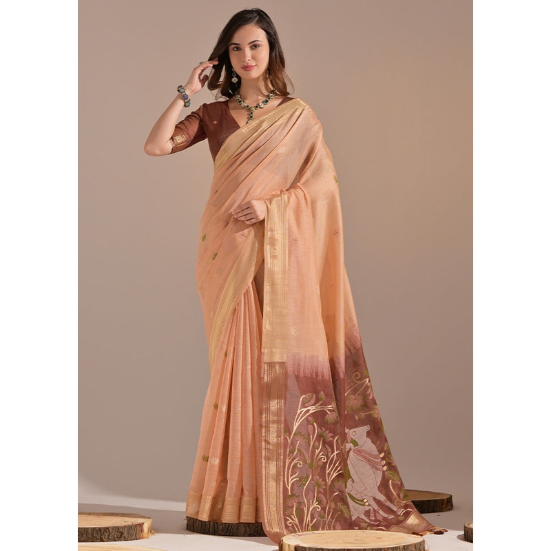 Peach Pure Cotton Saree With Blouse Piece - JD986601506