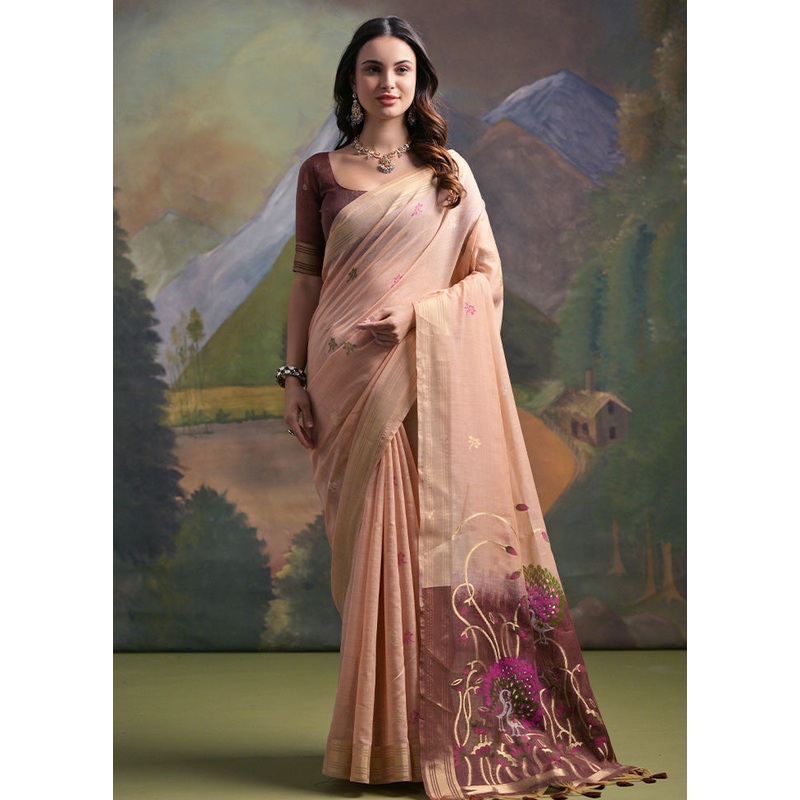 Peach Pure Cotton Saree With Blouse Piece - JD986601507
