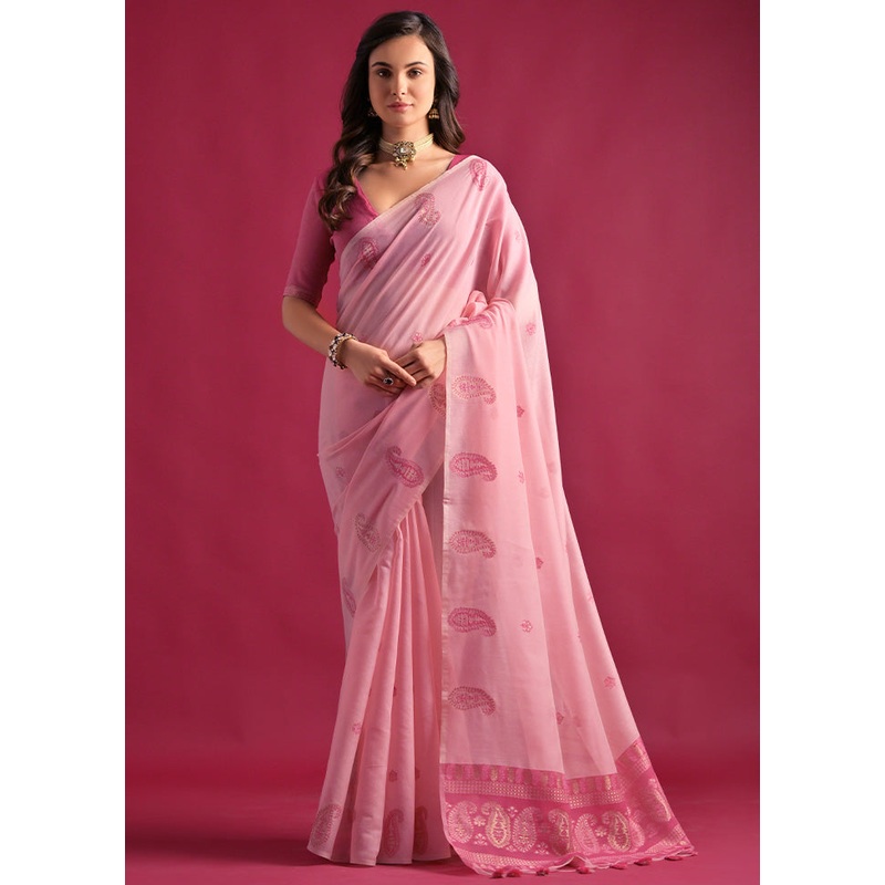 Pink Pure Cotton Saree With Blouse Piece - JD986601495