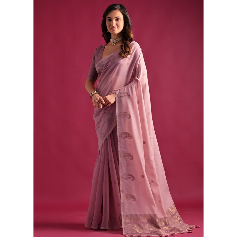 Pink Pure Cotton Saree With Blouse Piece - JD986601496