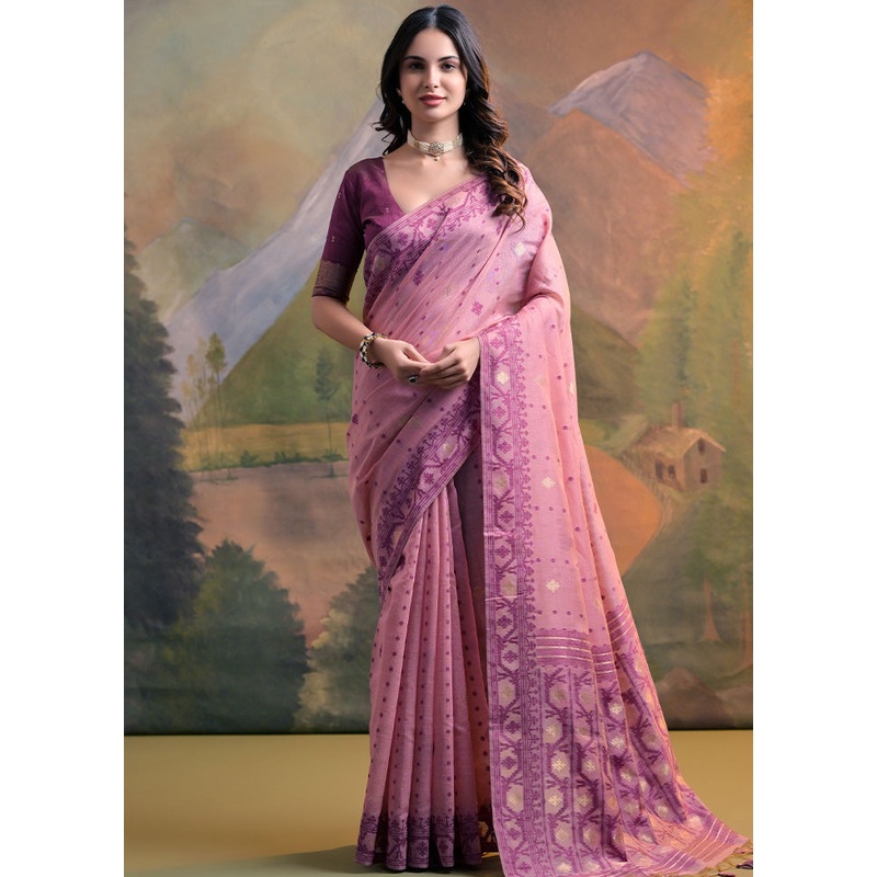 Pink Pure Cotton Saree With Blouse Piece - JD986601497