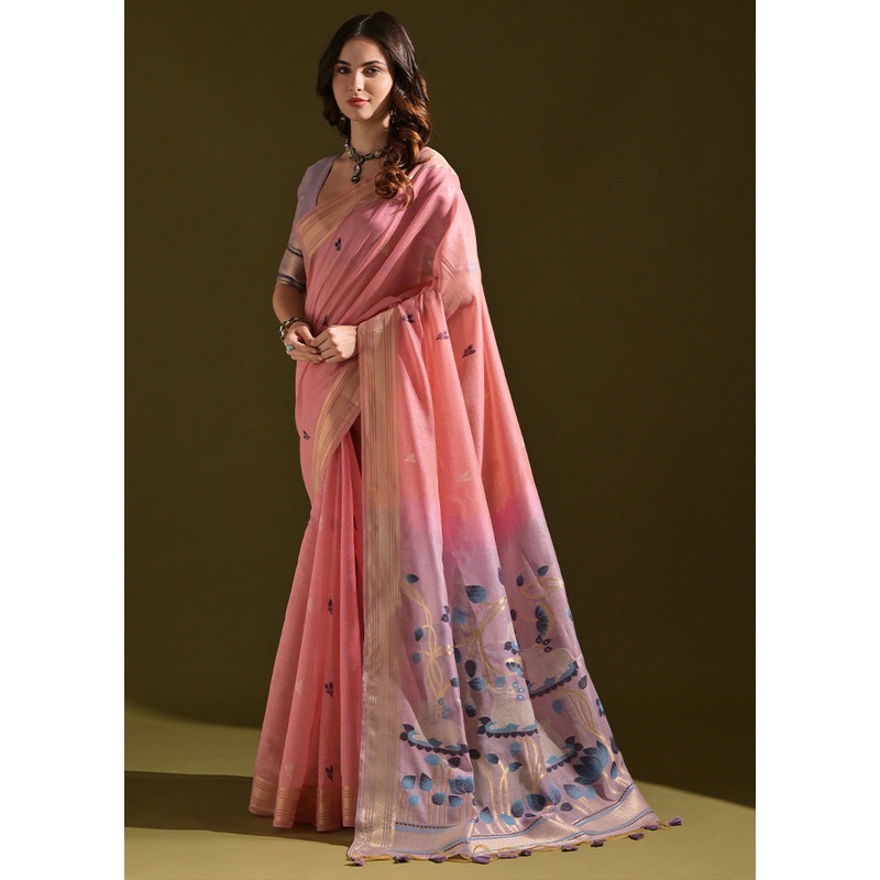 Pink Pure Cotton Saree With Blouse Piece - JD986601498