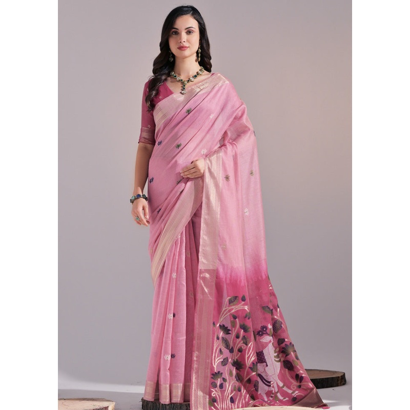 Pink Pure Cotton Saree With Blouse Piece - JD986601499