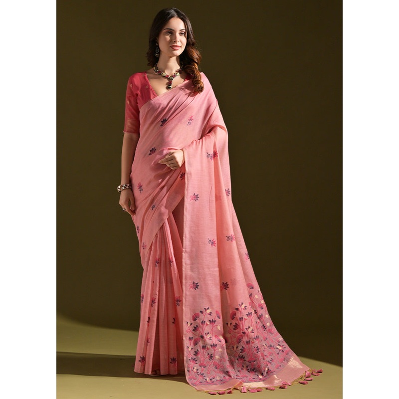 Pink Pure Cotton Saree With Blouse Piece - JD986601501