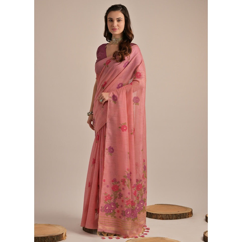 Pink Pure Cotton Saree With Blouse Piece - JD986601502