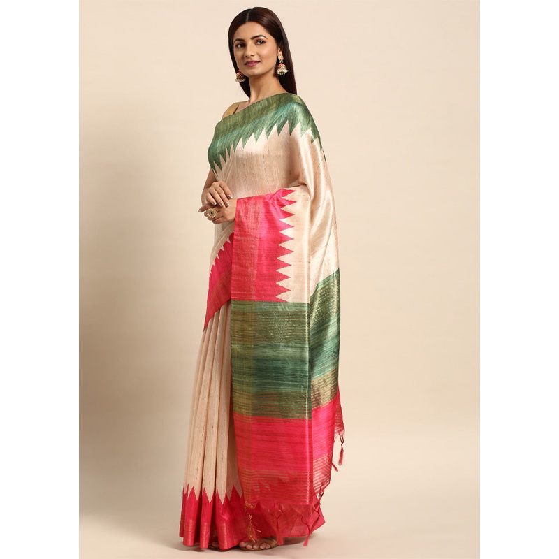 Pink Tussar Silk Saree With Blouse Piece - JD986601494