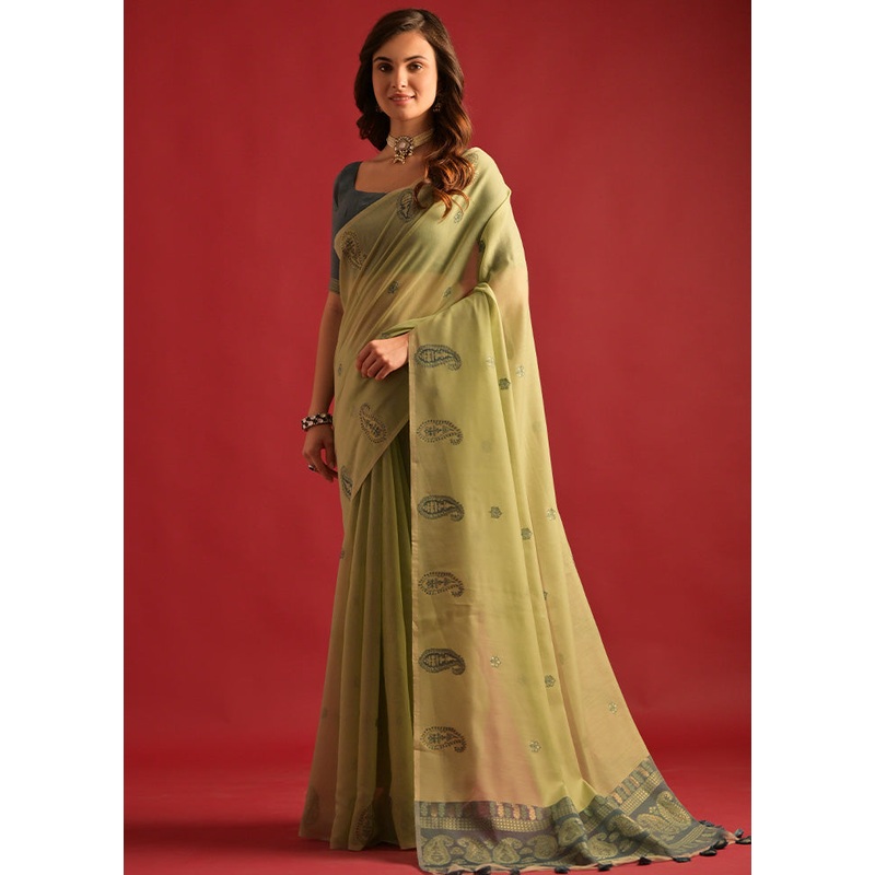 Pista Green Pure Cotton Saree With Blouse Piece - JD986601487