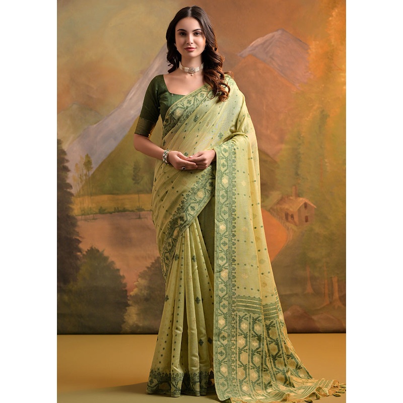 Pista Green Pure Cotton Saree With Blouse Piece - JD986601488