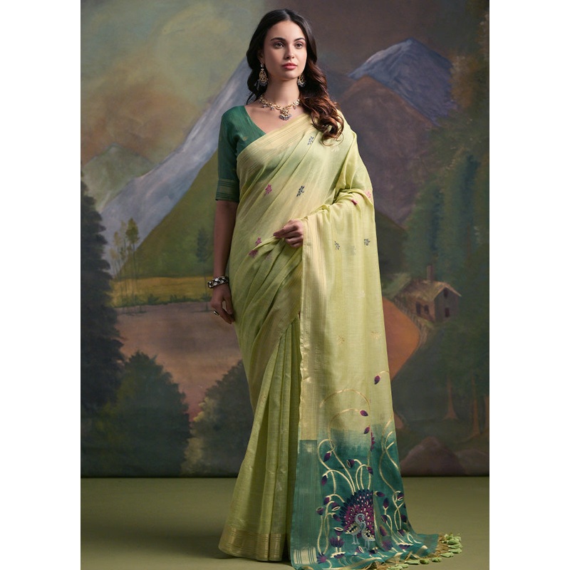 Pista Green Pure Cotton Saree With Blouse Piece - JD986601491