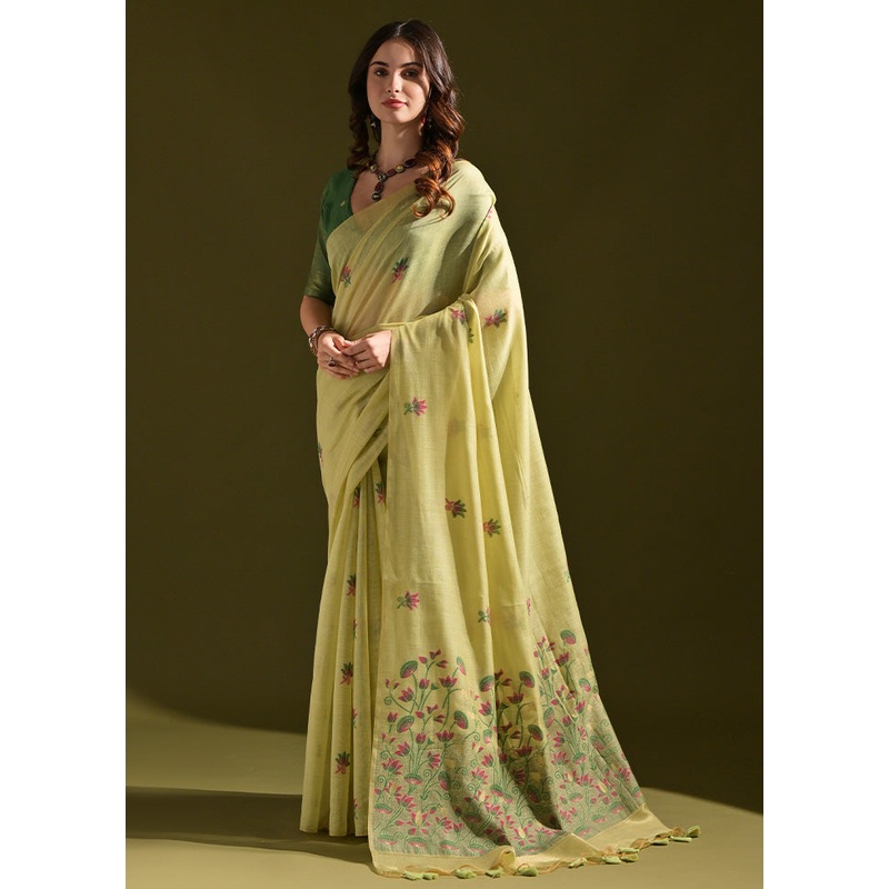 Pista Green Pure Cotton Saree With Blouse Piece - JD986601492