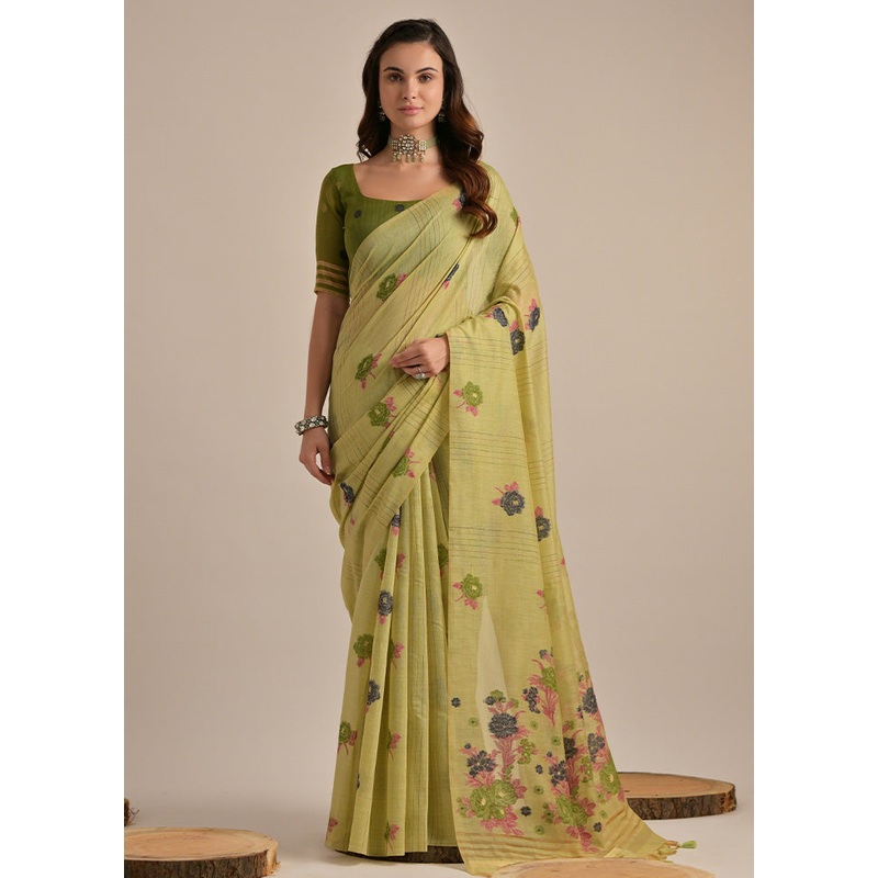 Pista Green Pure Cotton Saree With Blouse Piece - JD986601493
