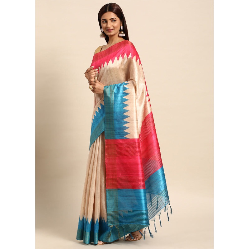 Rama Tussar Silk Saree With Blouse Piece - JD986601484