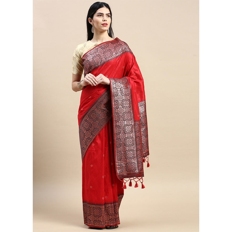 Red Banarasi Silk Saree With Blouse Piece - JD986601482