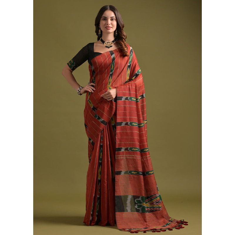 Red Pure Cotton Saree With Blouse Piece - JD986601481