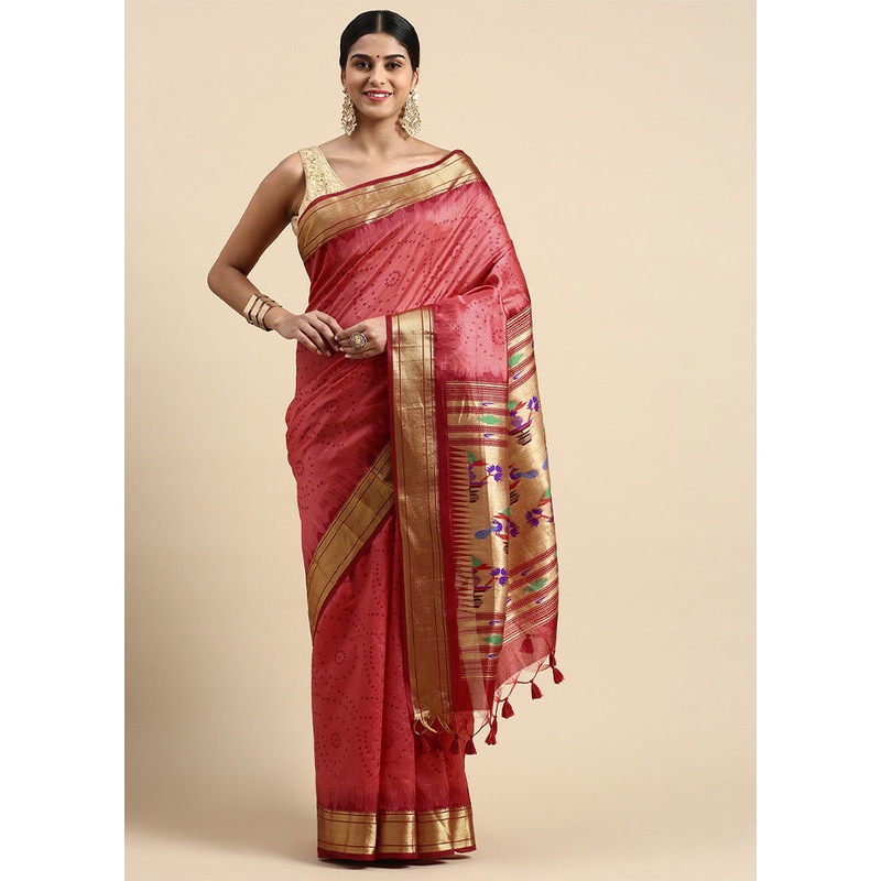Red Spun Silk Saree With Blouse Piece - JD986601479