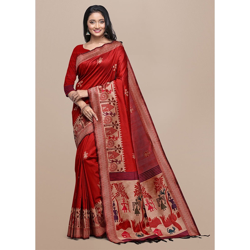 Red Spun Silk Saree With Blouse Piece - JD986601480