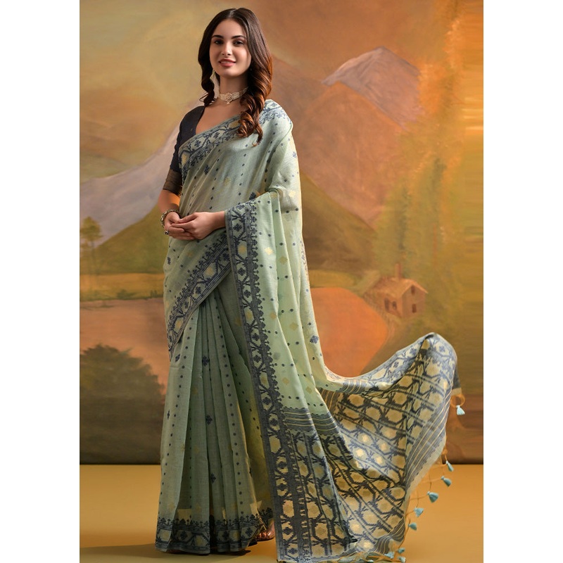 Sea Green Pure Cotton Saree With Blouse Piece - JD986601434
