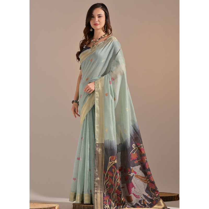 Sea Green Pure Cotton Saree With Blouse Piece - JD986601435