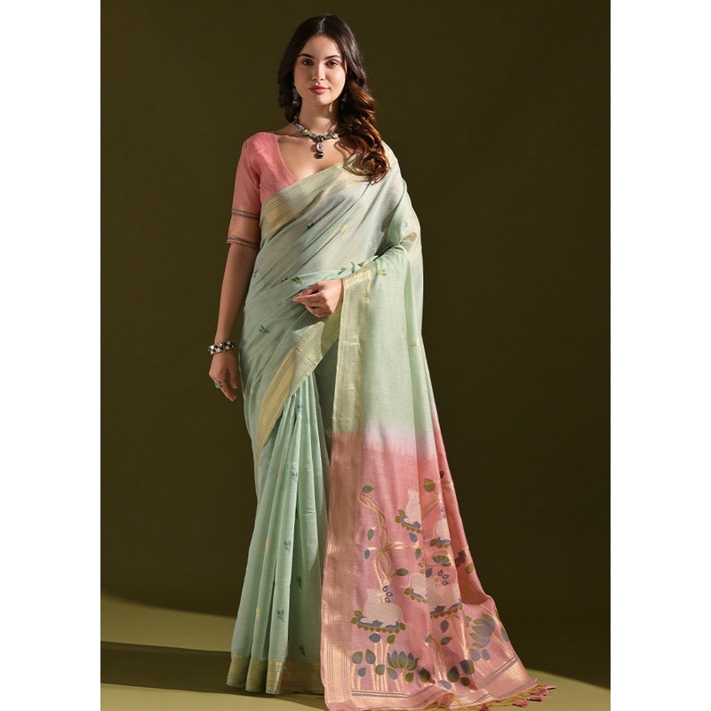 Sea Green Pure Cotton Saree With Blouse Piece - JD986601478