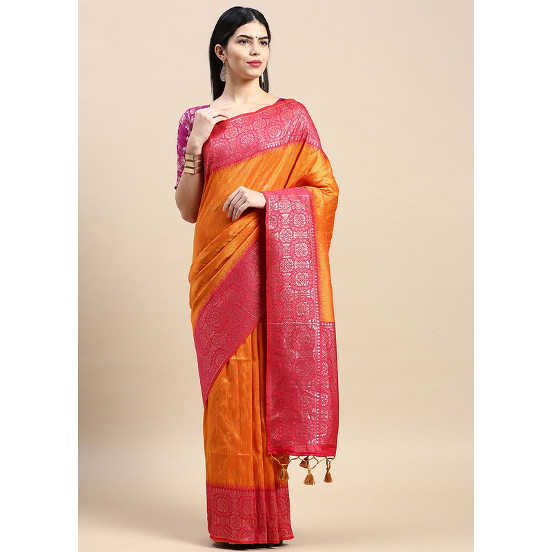 Yellow Banarasi Silk Saree With Blouse Piece - JD986601476