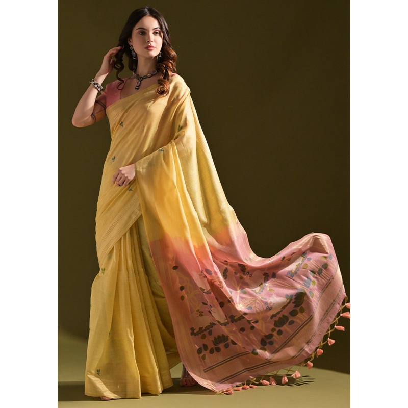 Yellow Pure Cotton Saree With Blouse Piece - JD986601472